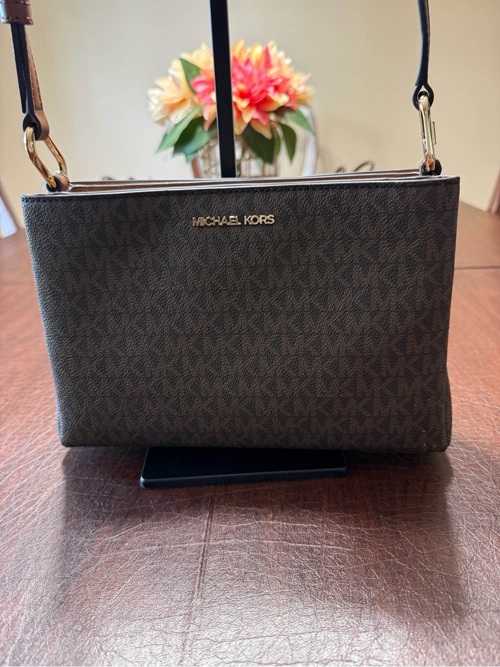 Michael Kors Brown Signature Trisha Medium Triple Compartment Crossbody Bag